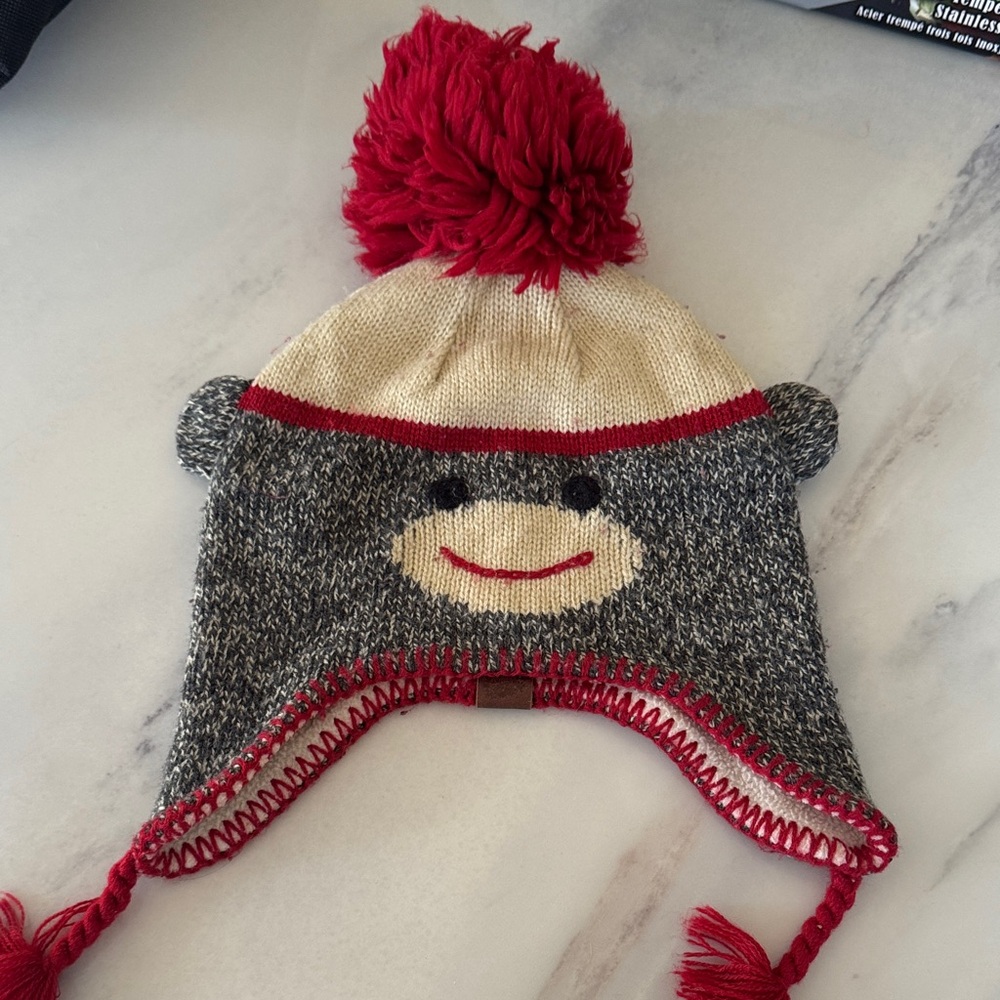 ROOTS Gray and Red Knit Monkey Hat